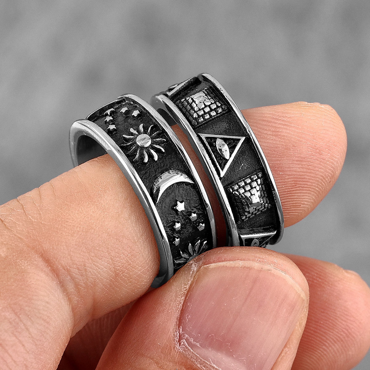 Mens All Seeing Eye Pyramids Moon Star Universe Stainless Steel Rings