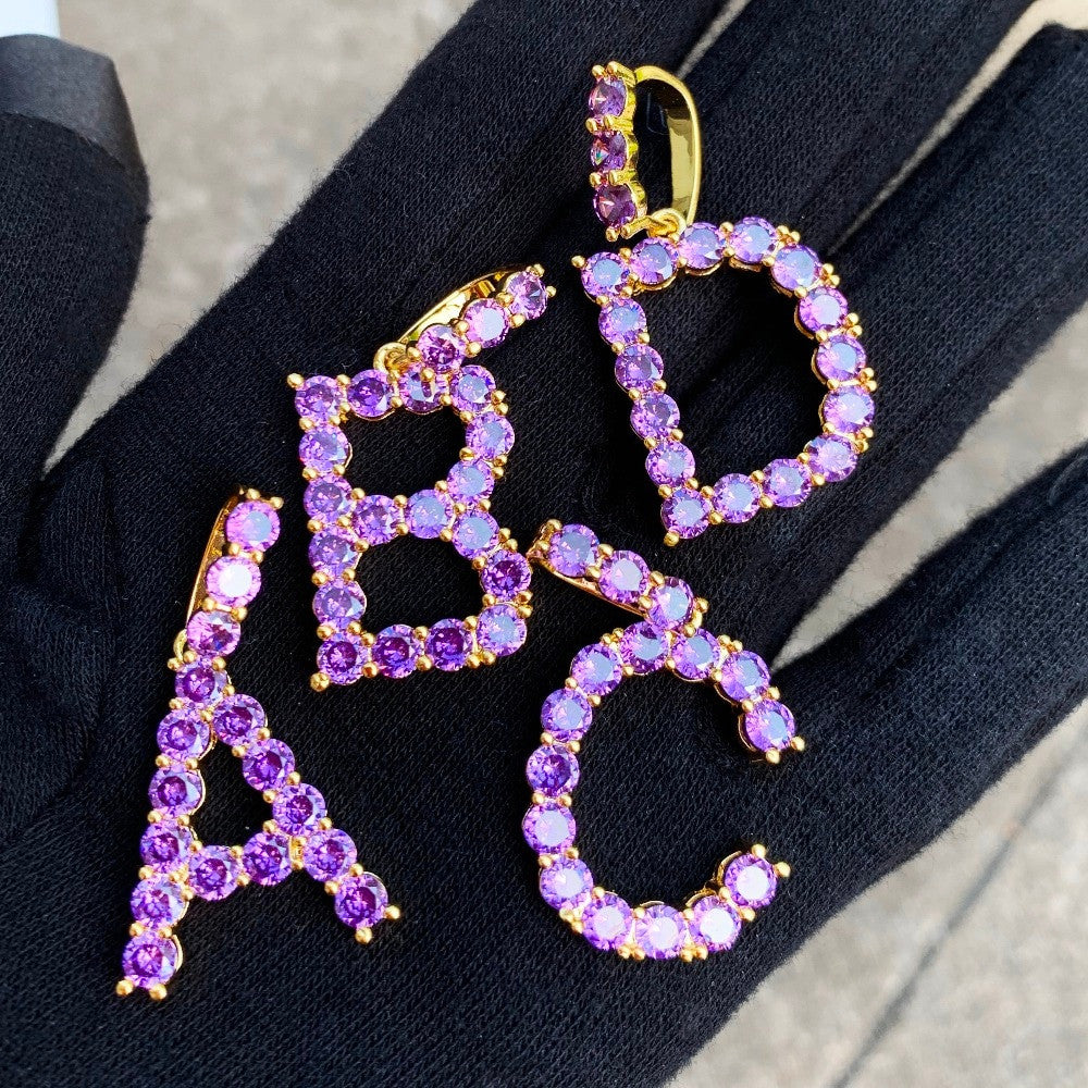 Iced Purple Candy Stone Flooded Ice Hip Hop Tennis Letters Pendant Chain Necklace