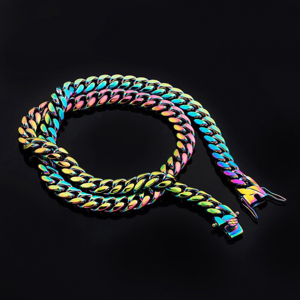 10mm Stainless Steel Fashion Rainbow Color Cuban Link Hip Hop Chain Necklace