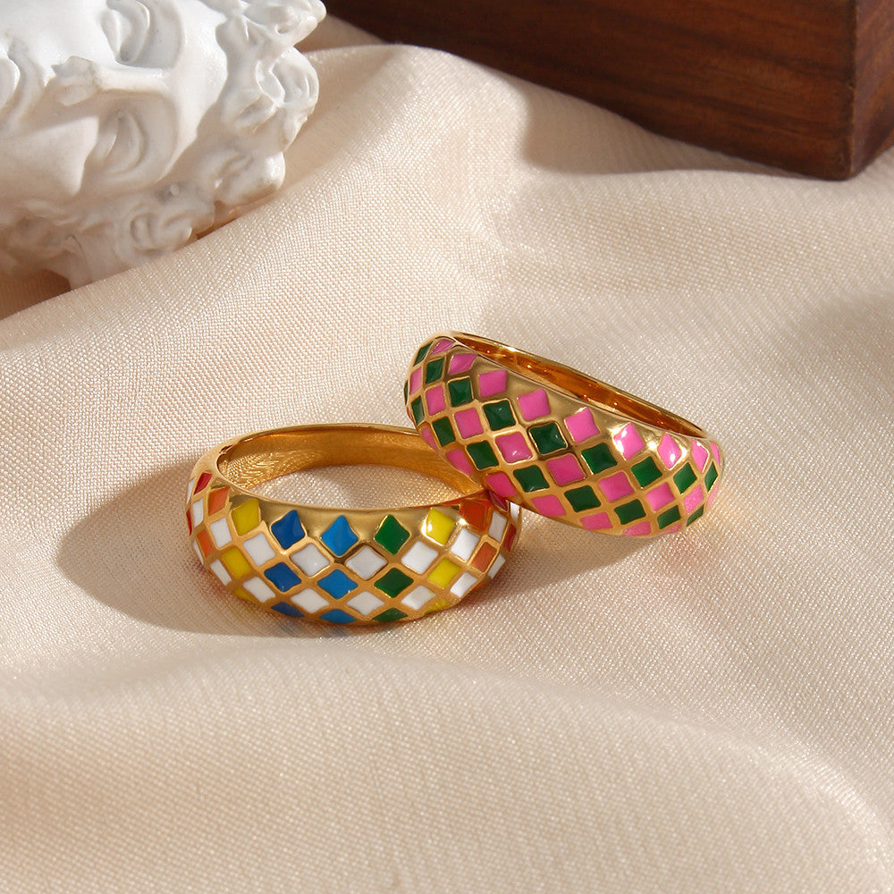 18k Gold Stainless Steel Designer Tarnish Free Colorful Checker Rings