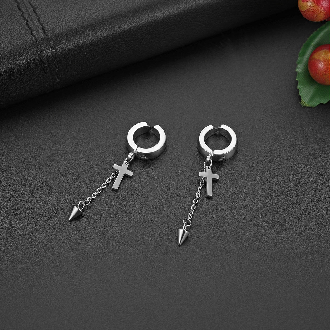 14k Gold Silver Black Huggie Style Dangle Stainless Steel Cross Earrings