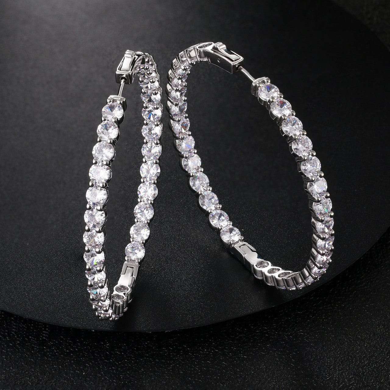 Ladies Big Circle Hoop Fashion Girl Real CZ Stone Bling Earrings