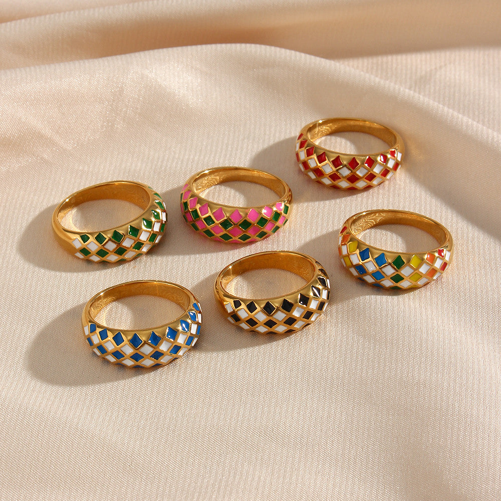 18k Gold Stainless Steel Designer Tarnish Free Colorful Checker Rings