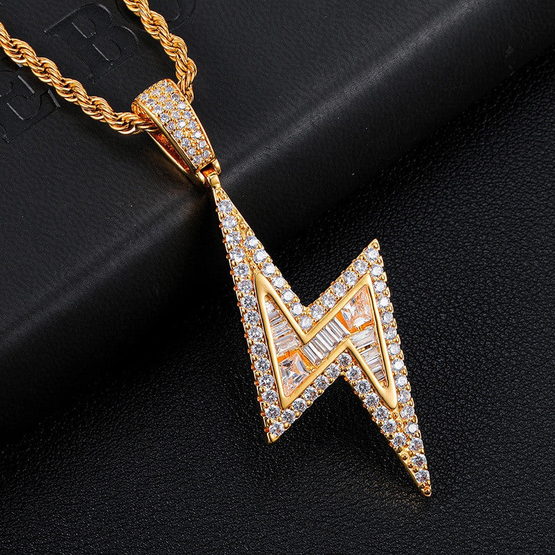 Handset Baguette Stone AAA Micro Pave 18k Gold .925 Silver Lightning Strike Pendant