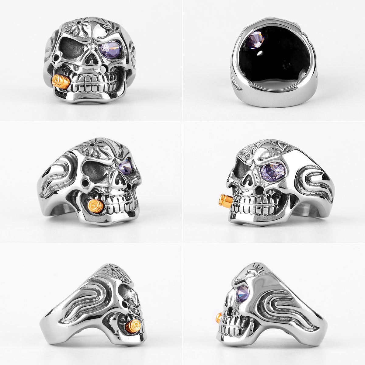 The General | 14k Gold over Stainless Steel Smoking Soldier Skull Biker Ring