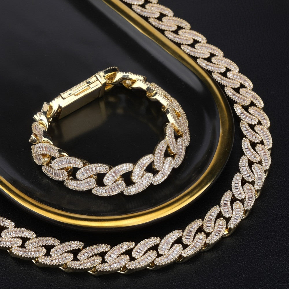 Mens 14mm Hip Hop Fashin Oval Baguette Prong Set Street Wear Bling Link Chain Necklace