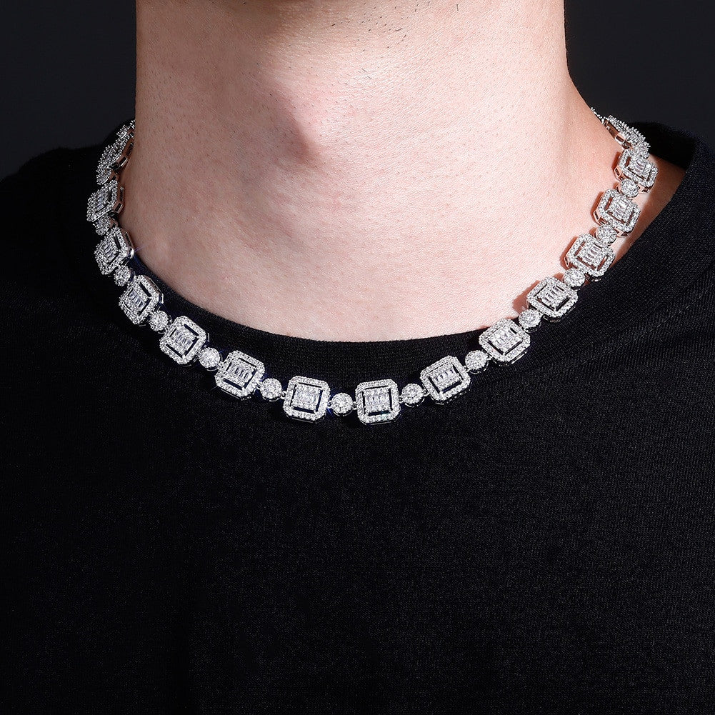 12mm Square Cut Center Stone Baguette High quality AAA Stone Hip Hop Chain Necklace