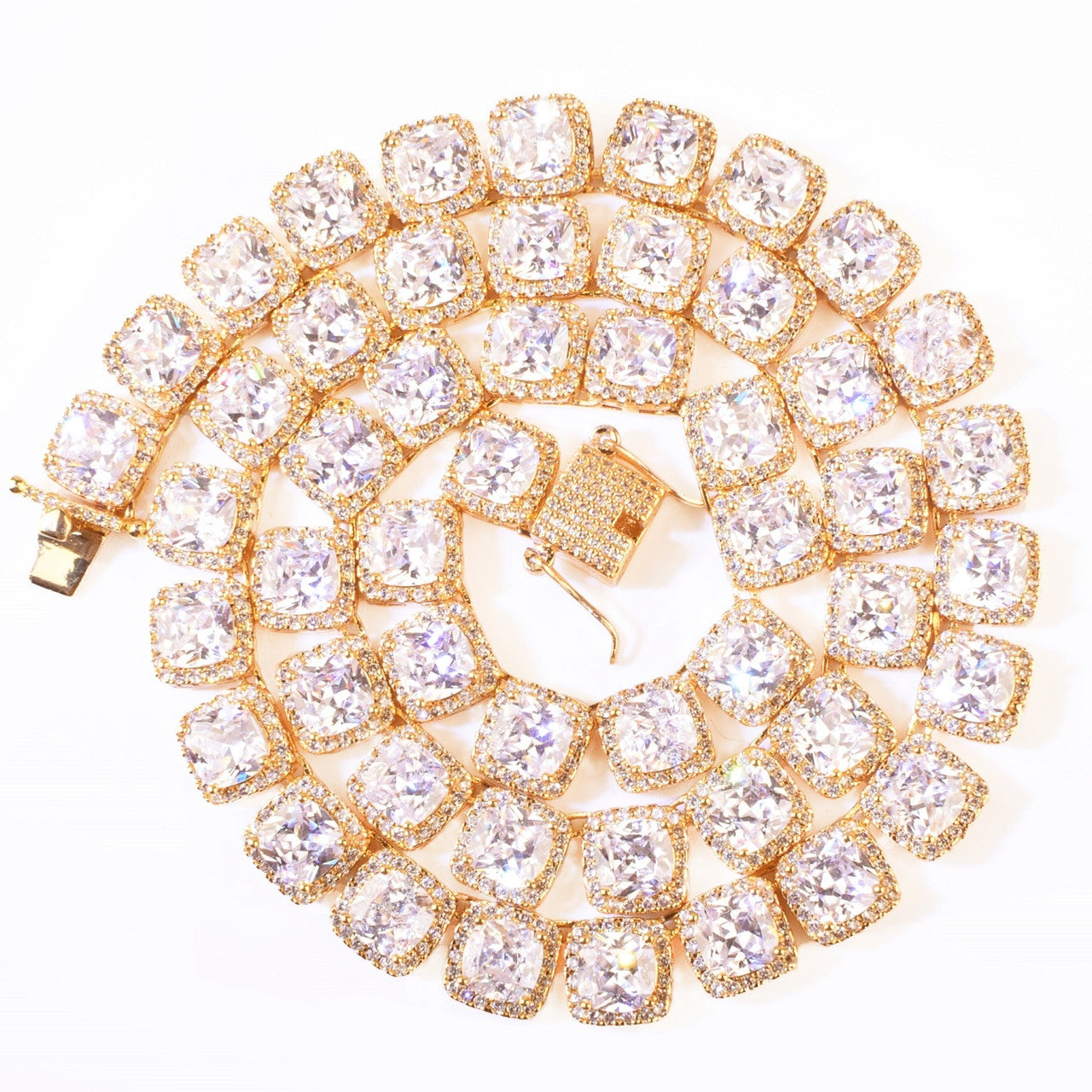 18k Gold Silver Rose Mens 10mm Square Clustered Caged Back Hip Hop Flooded Ice Chain