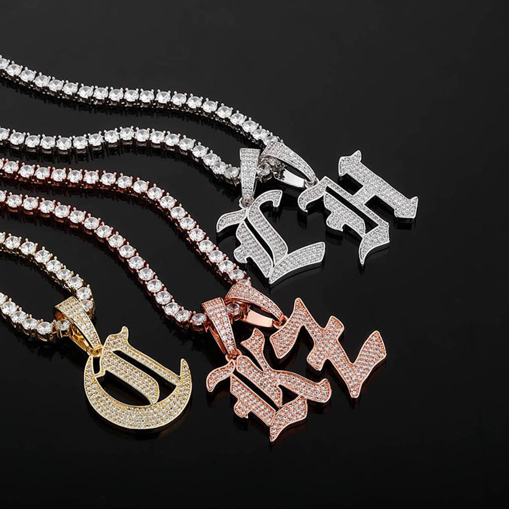 Old English 14k Rose Gold 925 Silver Hip Hop Street Rock Bling Initial Pendants