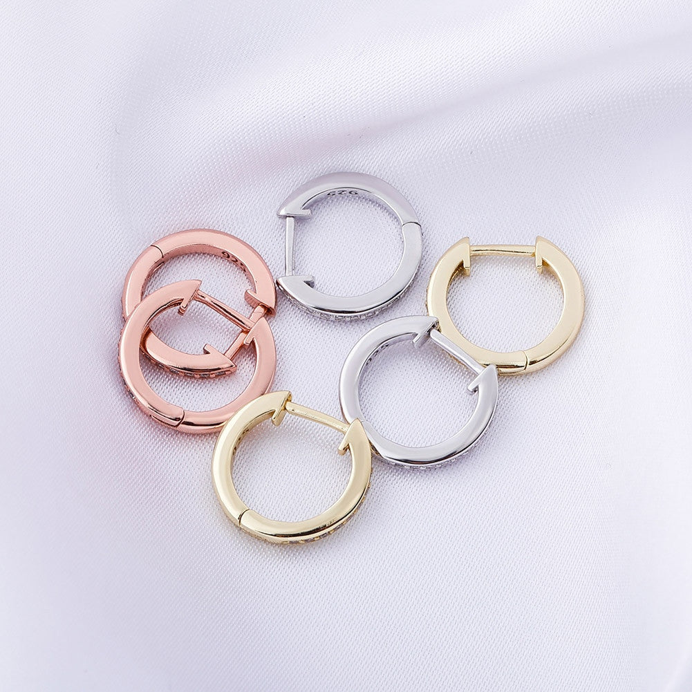 .925 Solid Sterling Silver Rose Gold 14k AAA Micro Pave Stone Hoop Earrings
