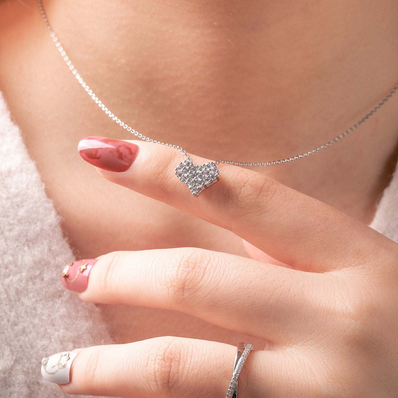 Genuine Diamond 100% Sterling Silver Sparking Heart Pendant Chain Necklace