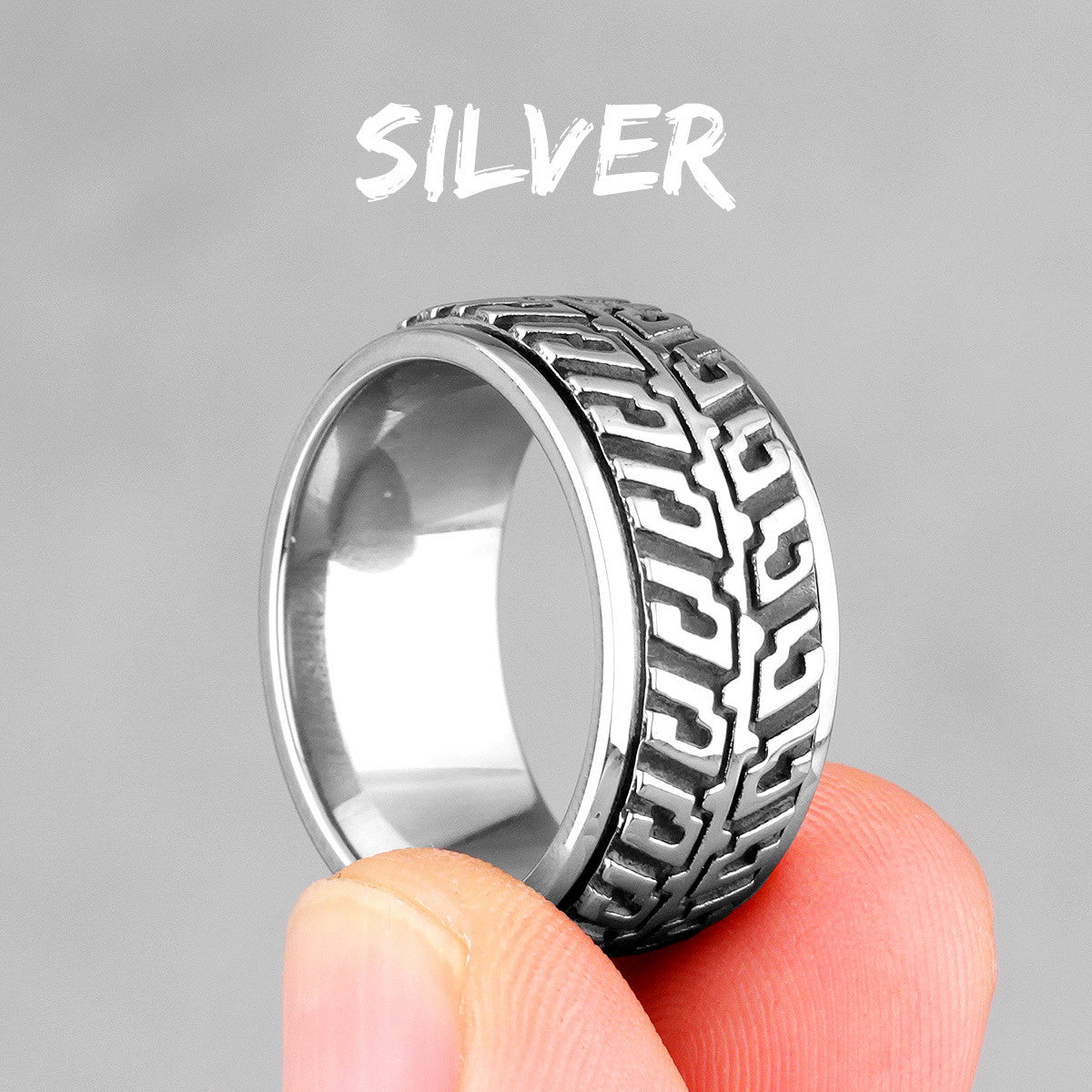 Mens Rotatable Car Tire Tread Black Gold Silver No Fade Stainless Steel Street Wear Rings