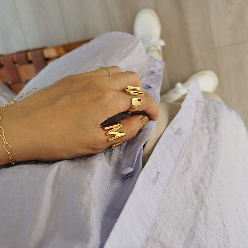 Ladies 18k Gold Initial Letter Adjustable Open Size personality Rings