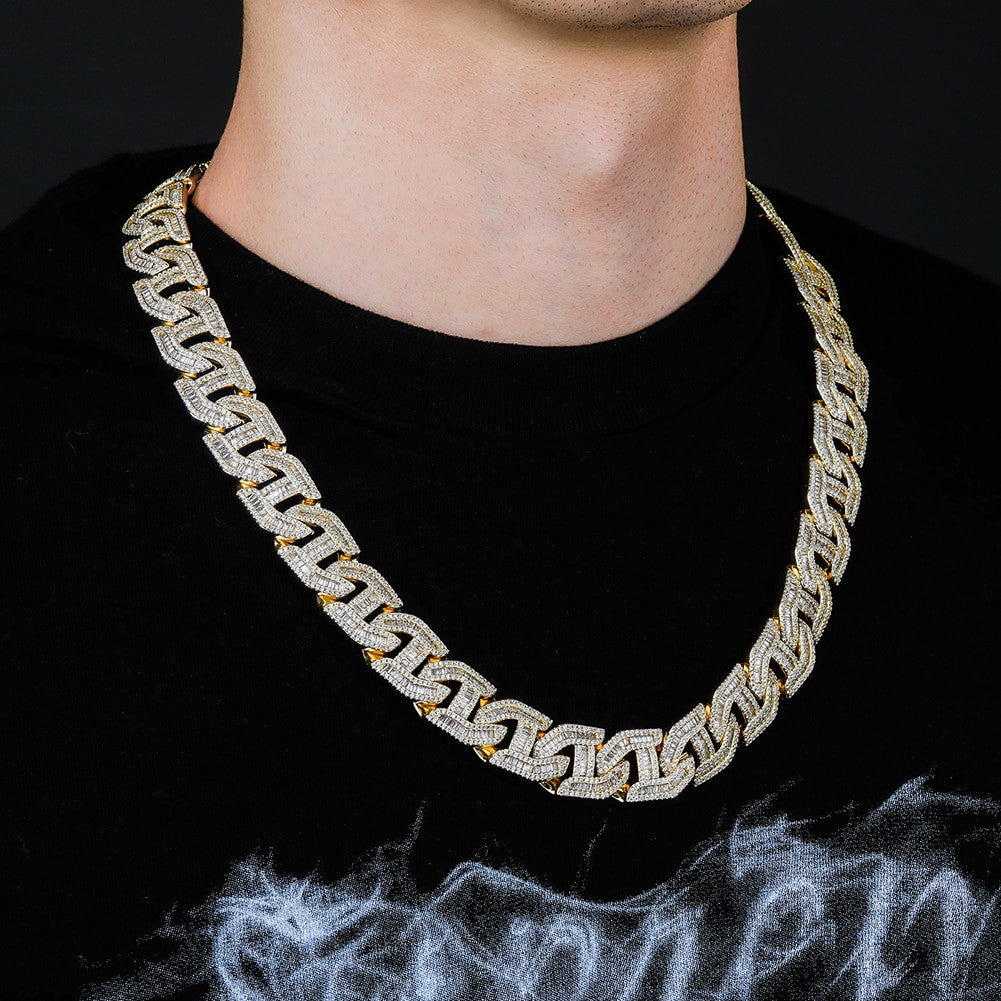 Flooded Ice 16mm 14k Gold 925 Silver Prong Baguette Curb Link Hood Honcho Chain Necklace