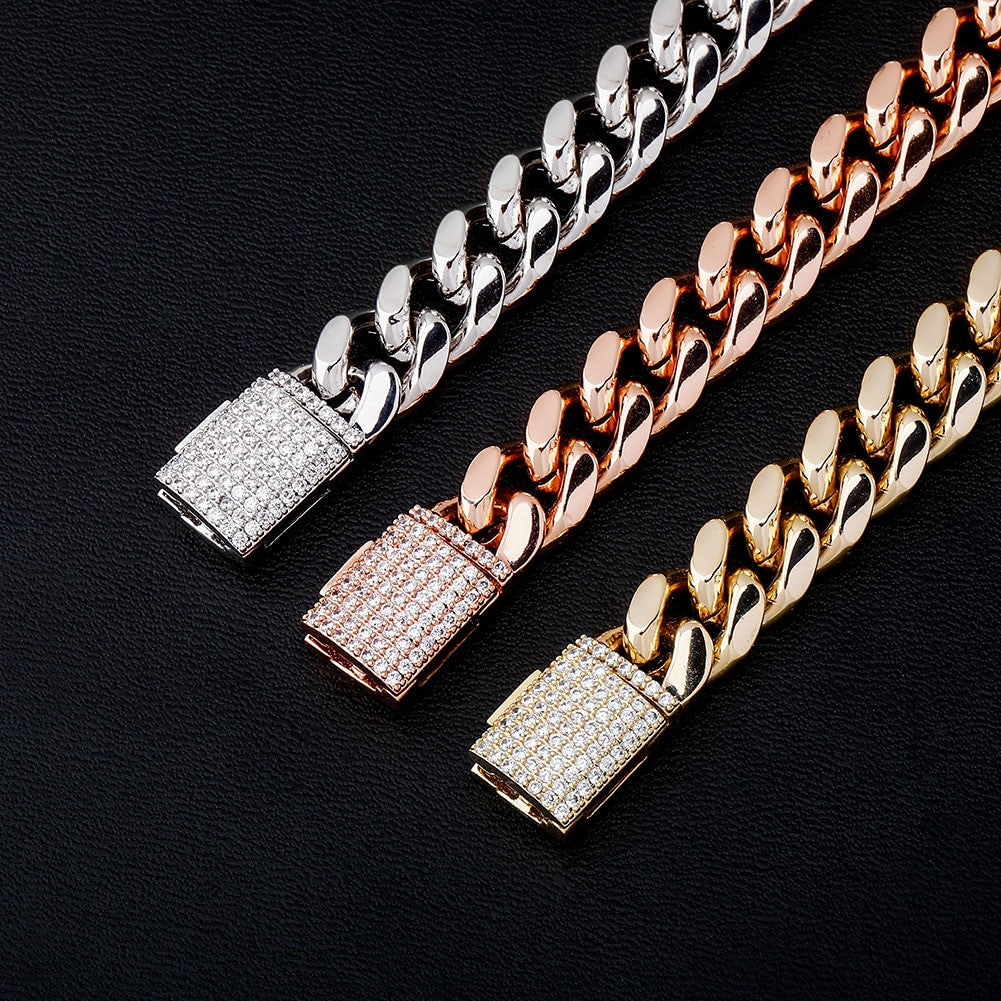 Flooded Ice Fashion 10mm 12mm Iced Box Clasp 14k 925 Cuban Link Hip Hop Bracelet