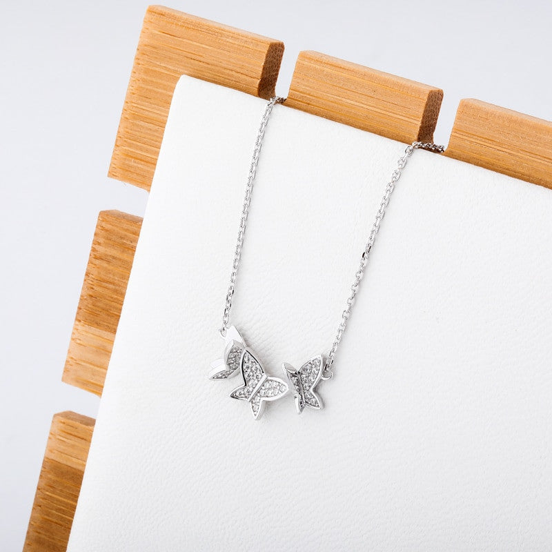 Ladies 925 Sterling Silver Butterfly 3D Flying Butterfly Pendant Chain Necklace