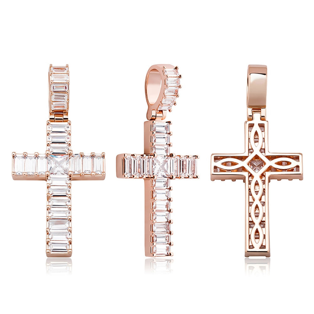 Mens Hip Hop All Squared Baguette Micro Prong Set Bling Cross Pendant