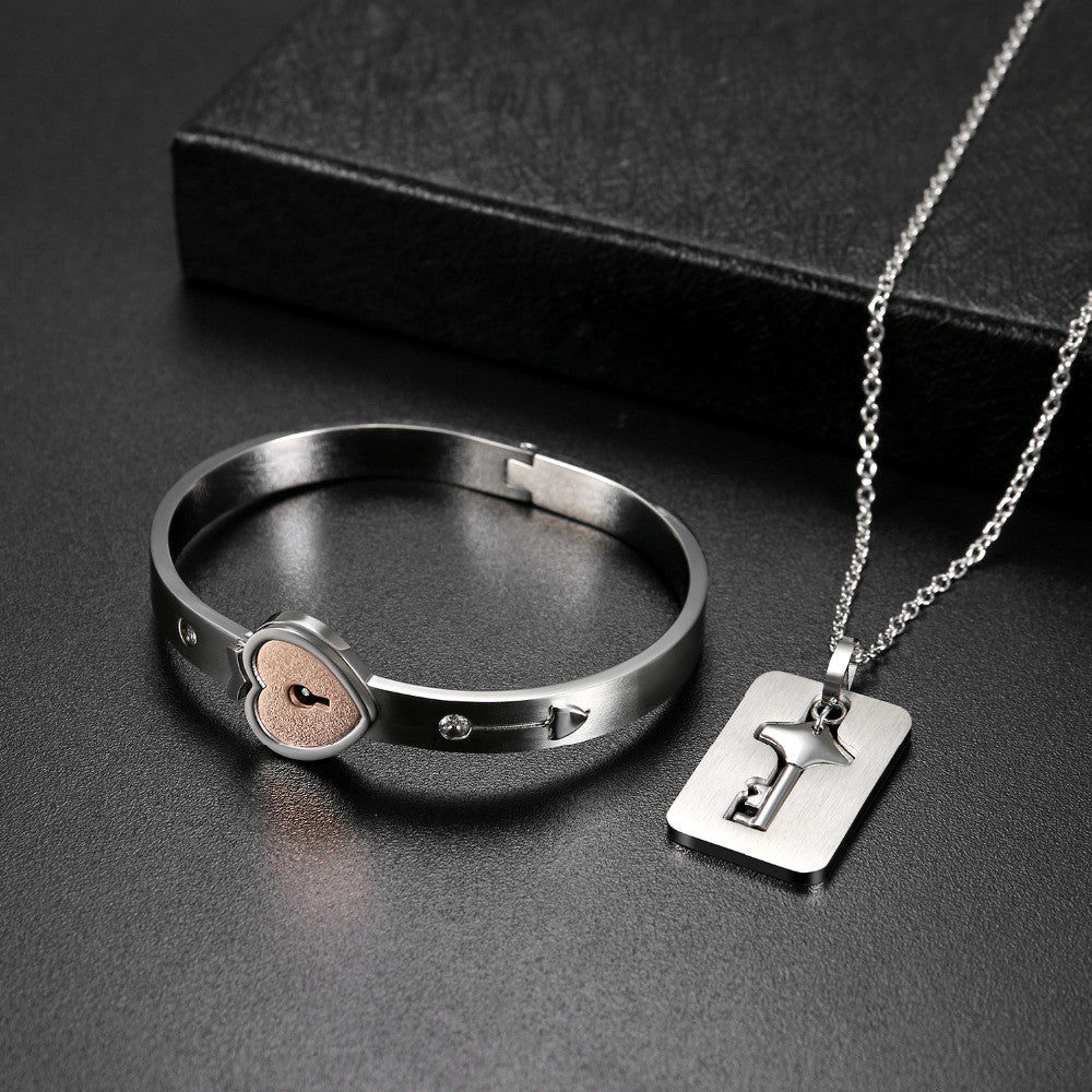 Forever Love Lovers Lock and Key Bracelet Necklace Chain Jewelry Set