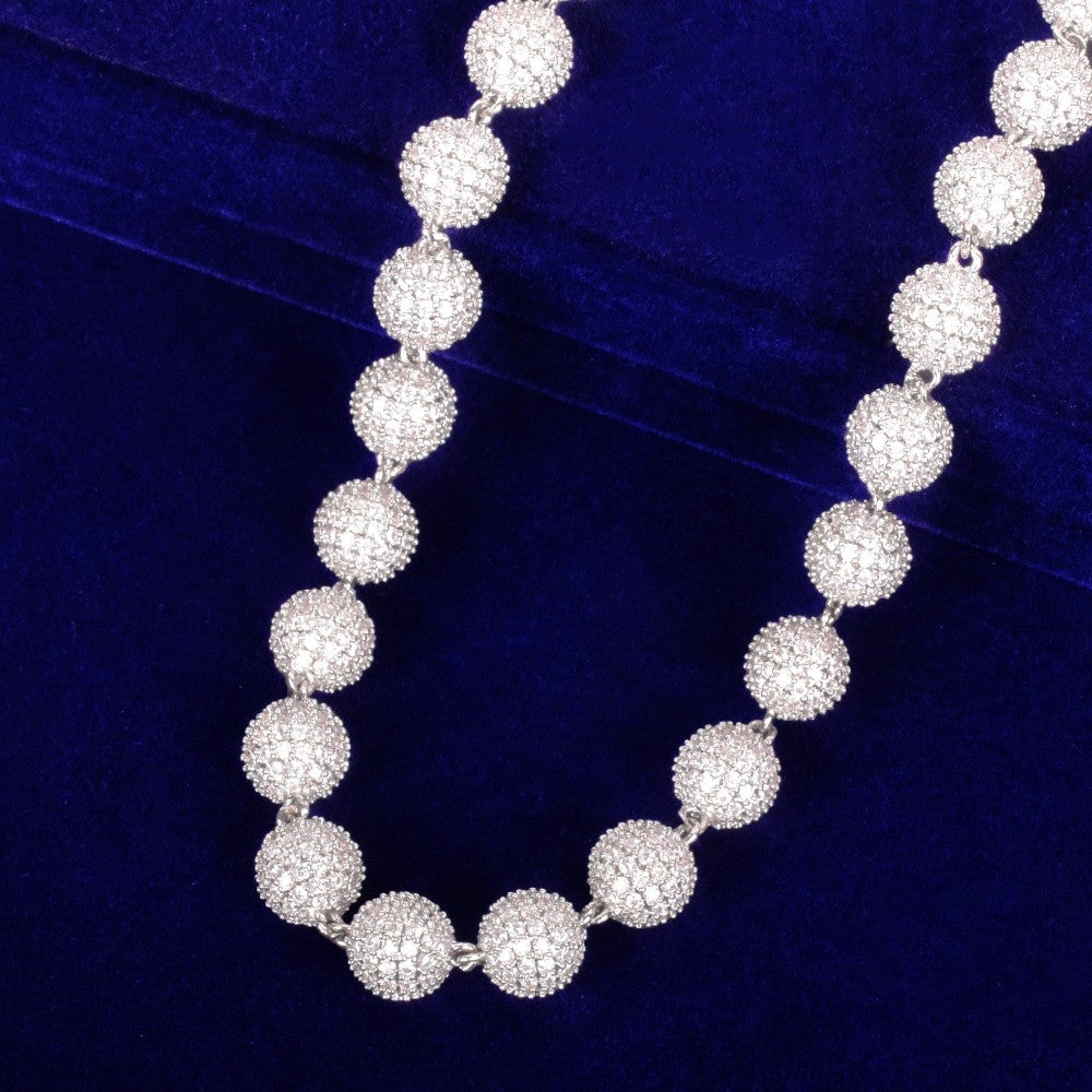 28Inch 925 Silver 10mm Flooded Ice 3A Micro Pave Ball Round Bead Hip Hop Chain