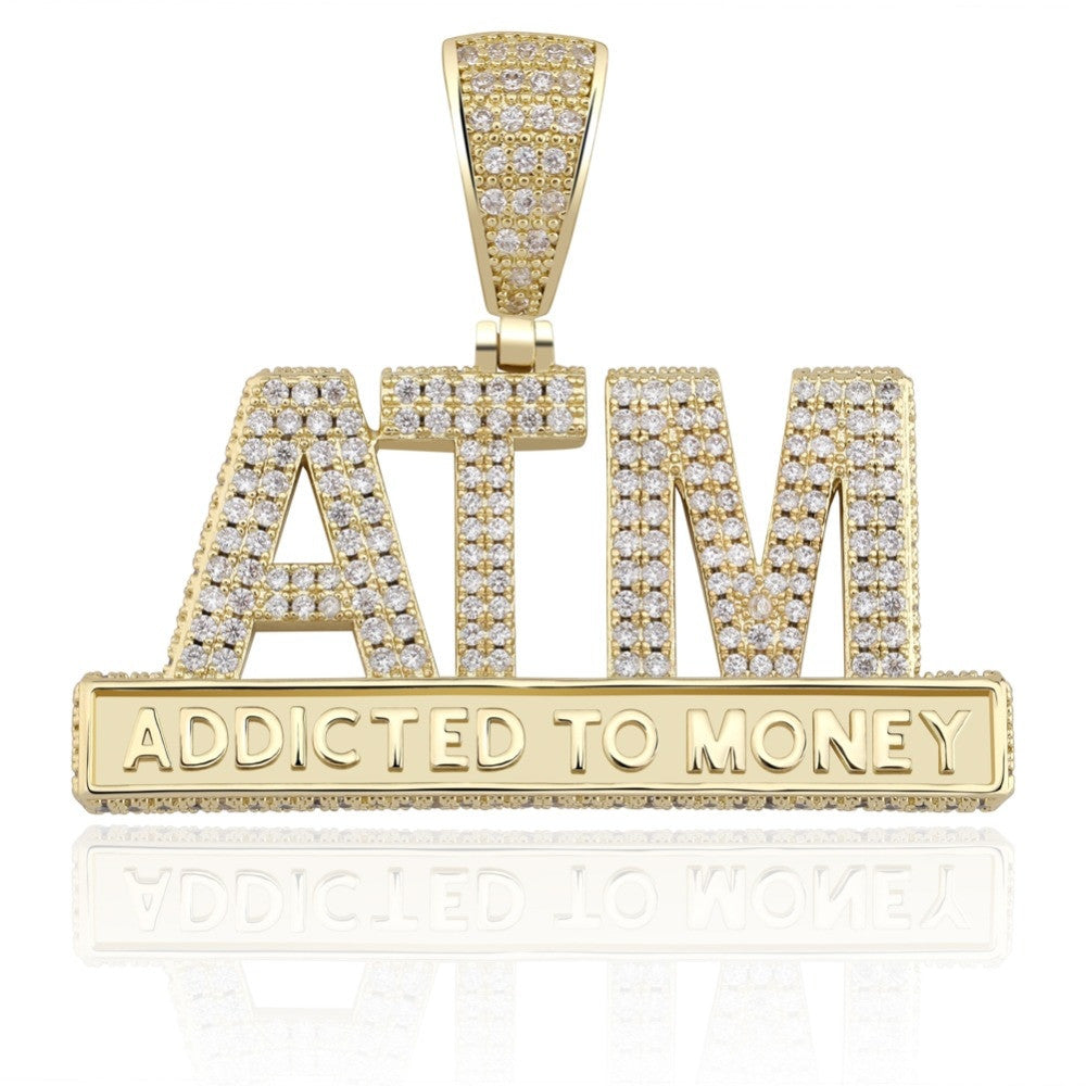 Mens 18k White Yellow Gold ATM Addicted To Money Micro Pave Flooded Ice Pendant Chain