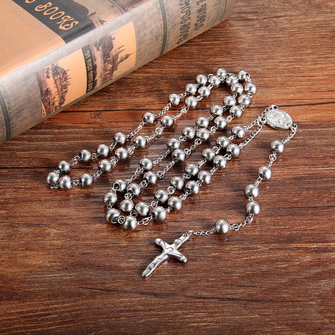 Vintage Look Classic Style Stainless Steel No Fade Rosary Beads Jesus Christ Crucifix Cross Pendant