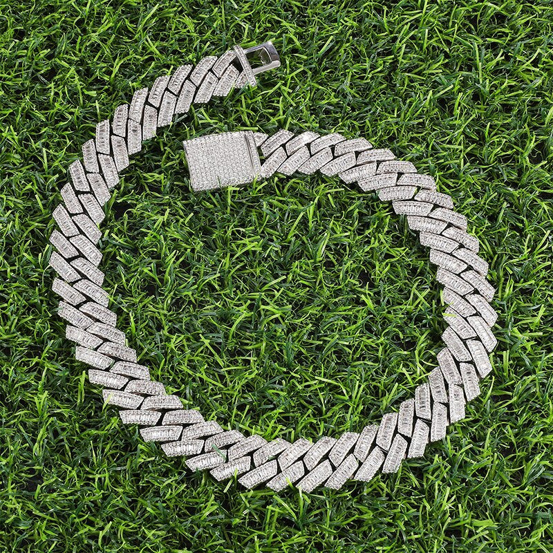 14k White Yellow Gold Hip Hop 21MM 3 Row Baguette Cuban Link Bling Chain Necklace