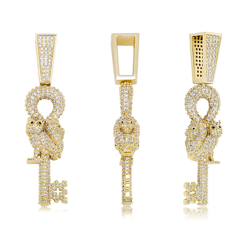 Hip Hop Flooded Ice Wise Owl Skeleton Key Bling Pendant Chain Necklace