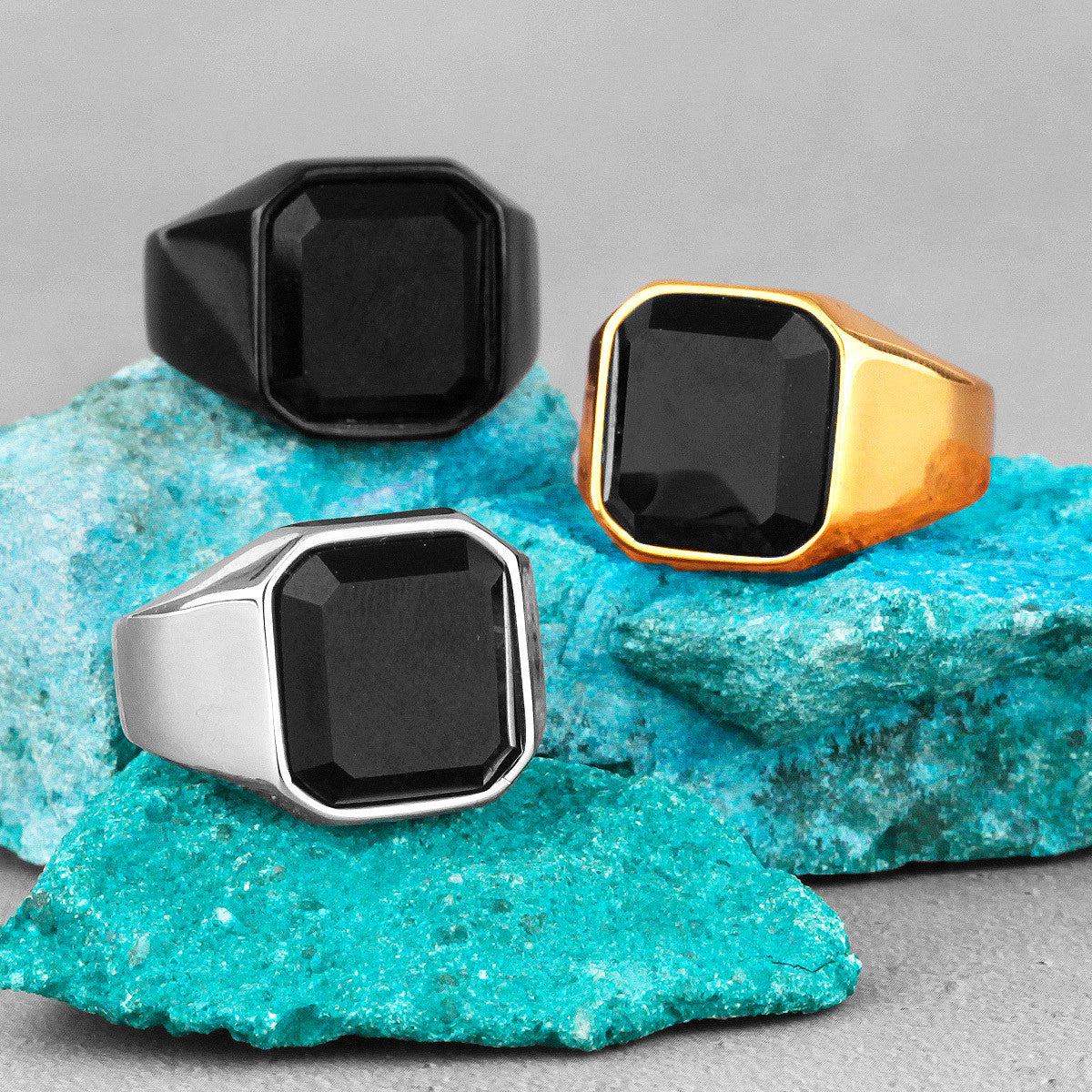 Luxury Gemstone | 14k Gold Black Over Solid Stainless Steel Black Gem Rings