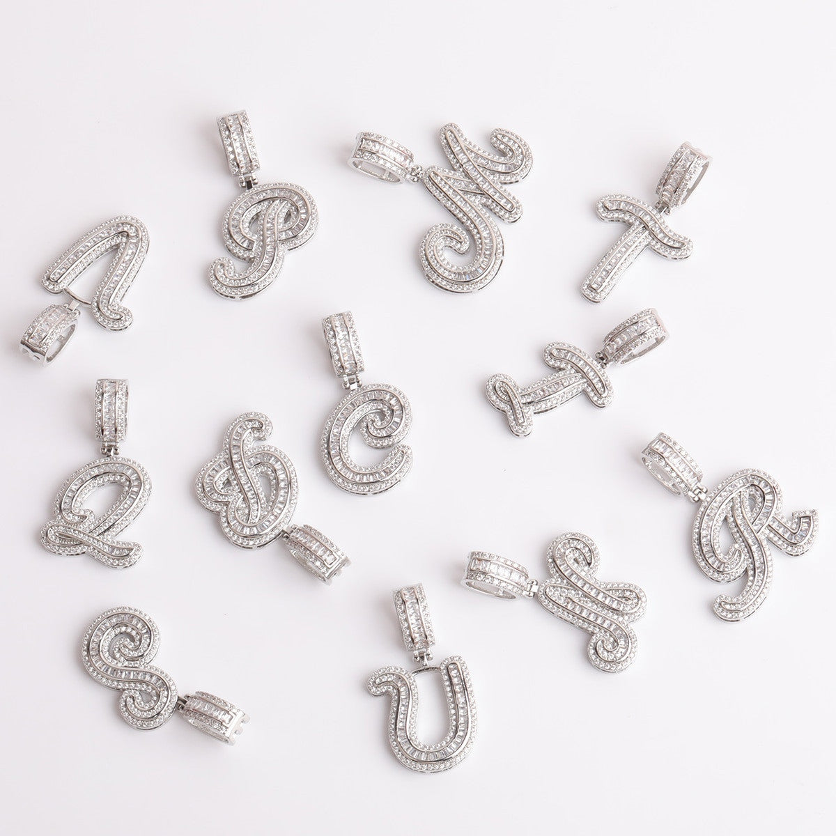 Street Melody | White Yellow Gold Iced Cursive Initial Letter Baguette Pendant Chain