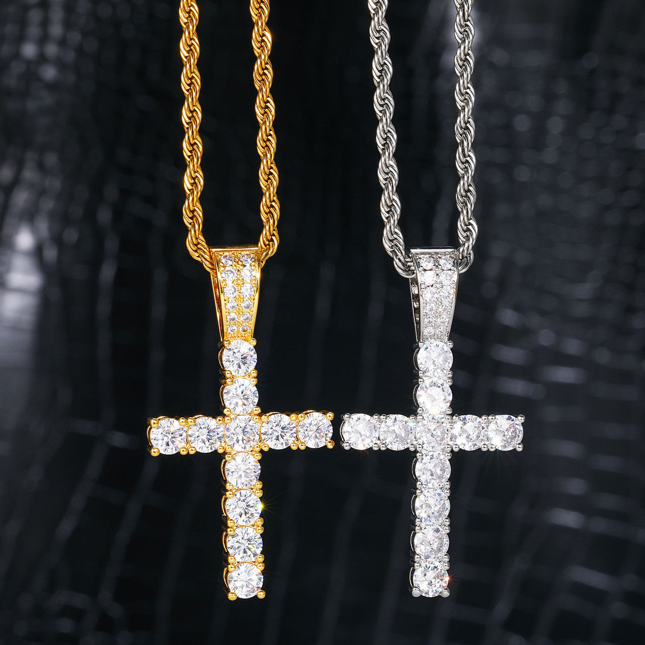 Mens Prong Set Cluster Stone 18k Gold 925 Silver Micro Cross Spiritual Pendant