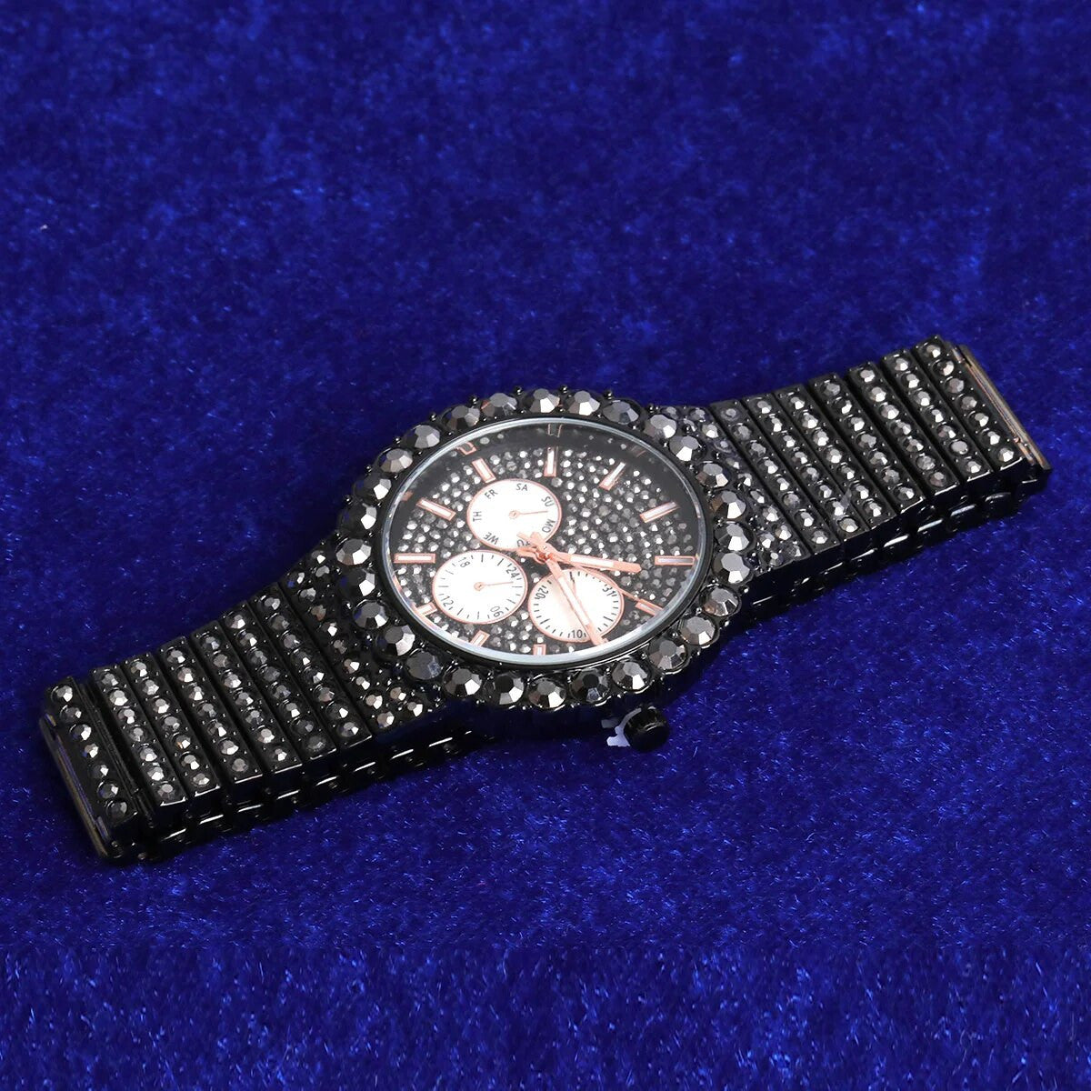 Classic Iced Bezel 18k Gold Black Stainless Steel Hip Hip Wrist Watches