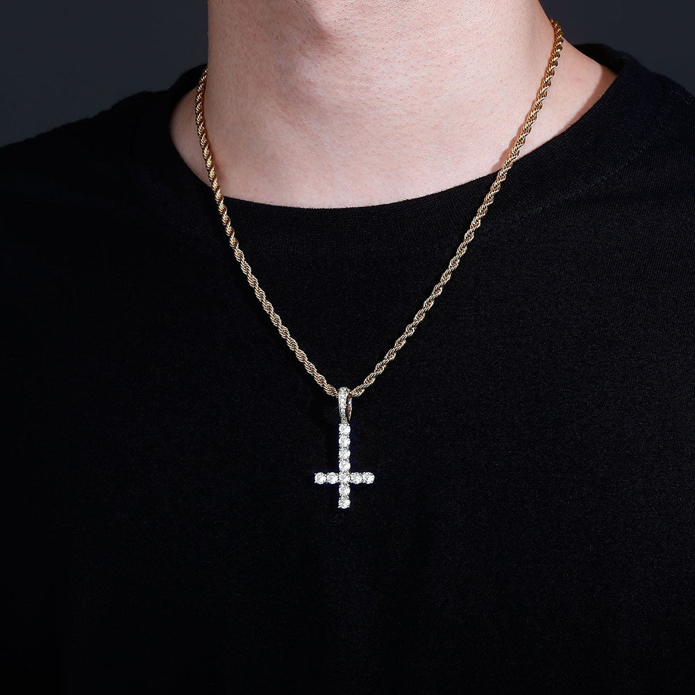 Mens Rose Gold 14k 925 Silver Cluster Stone Upside Down Single Peter Cross Pendant Chain Necklace
