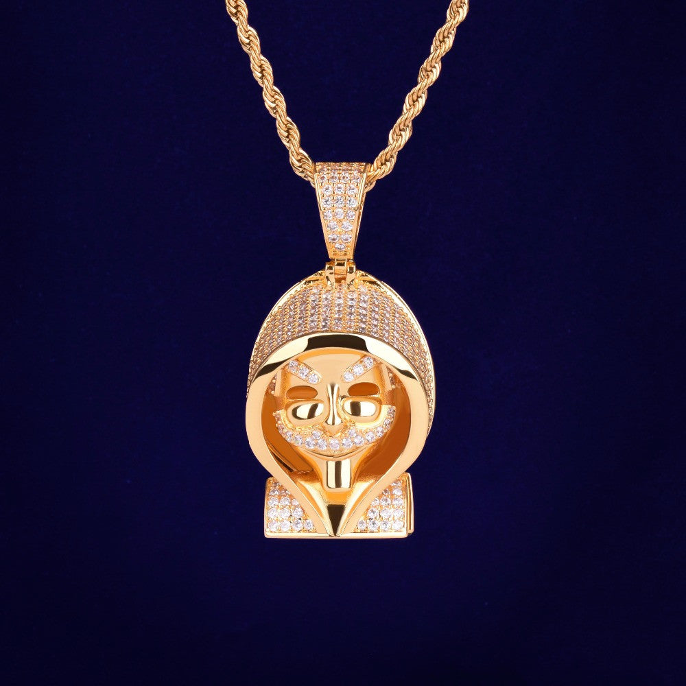 Flooded Ice True Micro Pave 18k Gold Silver Steampunk Hoody Skull Pendant Chain Necklace