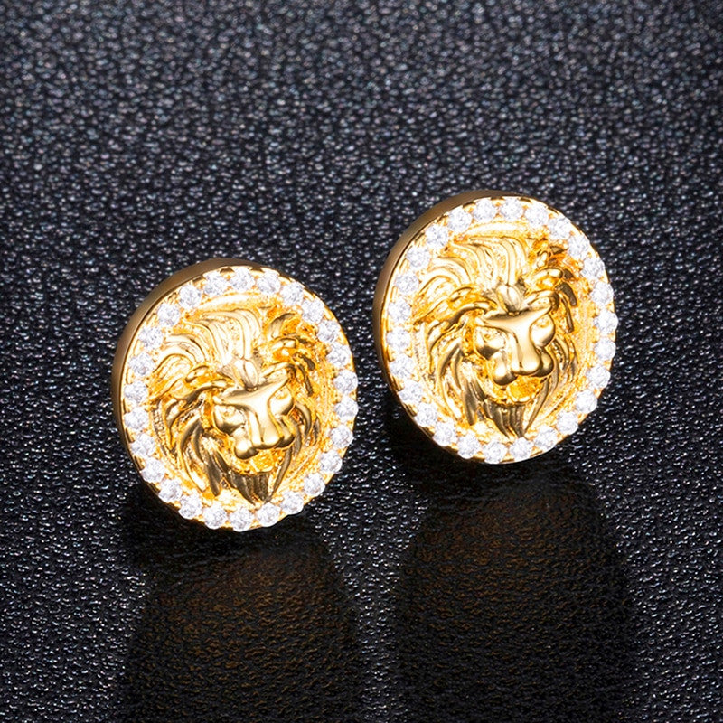 AAA Micro Paved King Lion Head Flooded Ice 14k Gold Bling Earrings