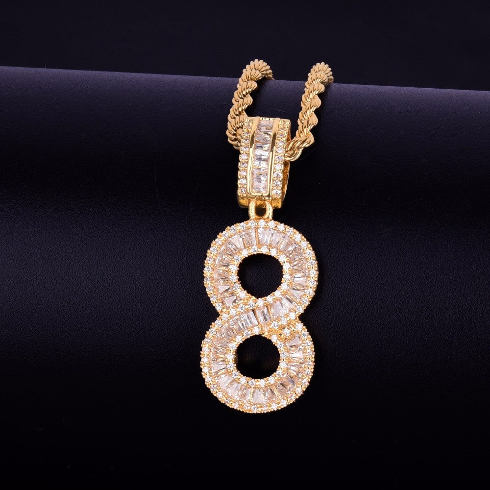 AAA True Micro Pave 18k Rose Gold Silver Flooded Ice Baguette Numbers Hip Hop Pendant Chains