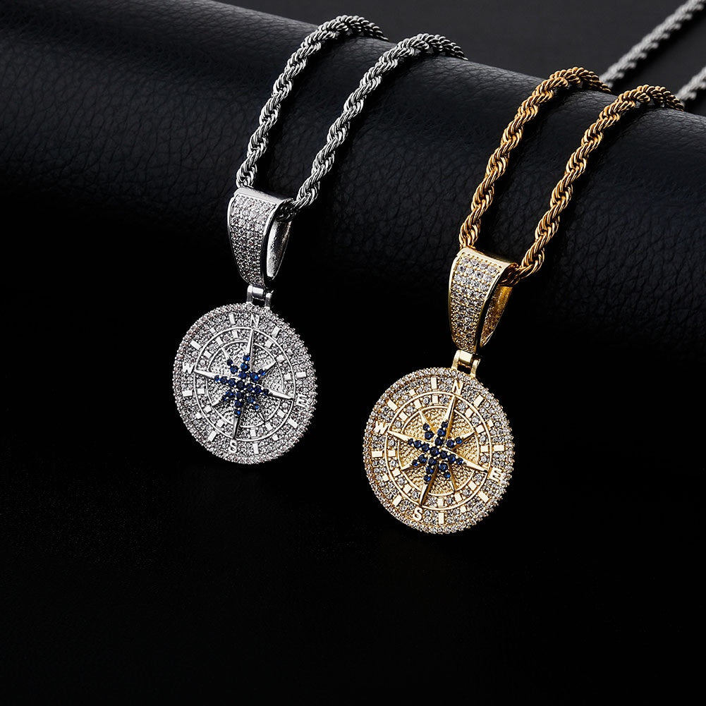 Hip Hop True Micro Pave Flooded Ice Compass Pendant Chain Necklace