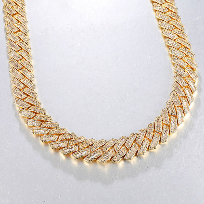 14k White Yellow Gold Hip Hop 21MM 3 Row Baguette Cuban Link Bling Chain Necklace