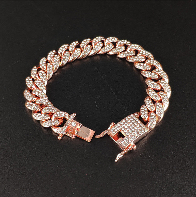 13mm Rose Gold AAA Simulate Diamond Cuban Link Chain Bracelet Hip Hop Jewelry Set