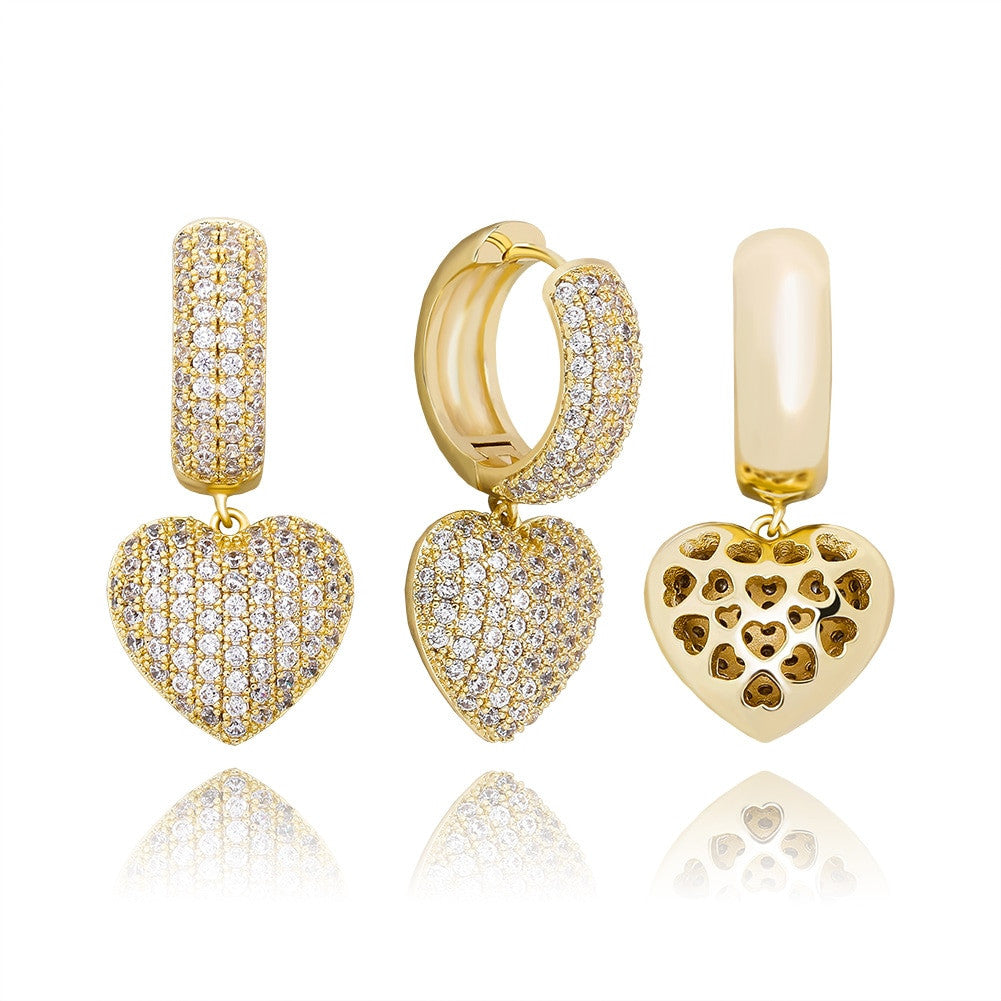 Ladies 5A Micro Pave Huggie Style Bling Bling Heart Earrings