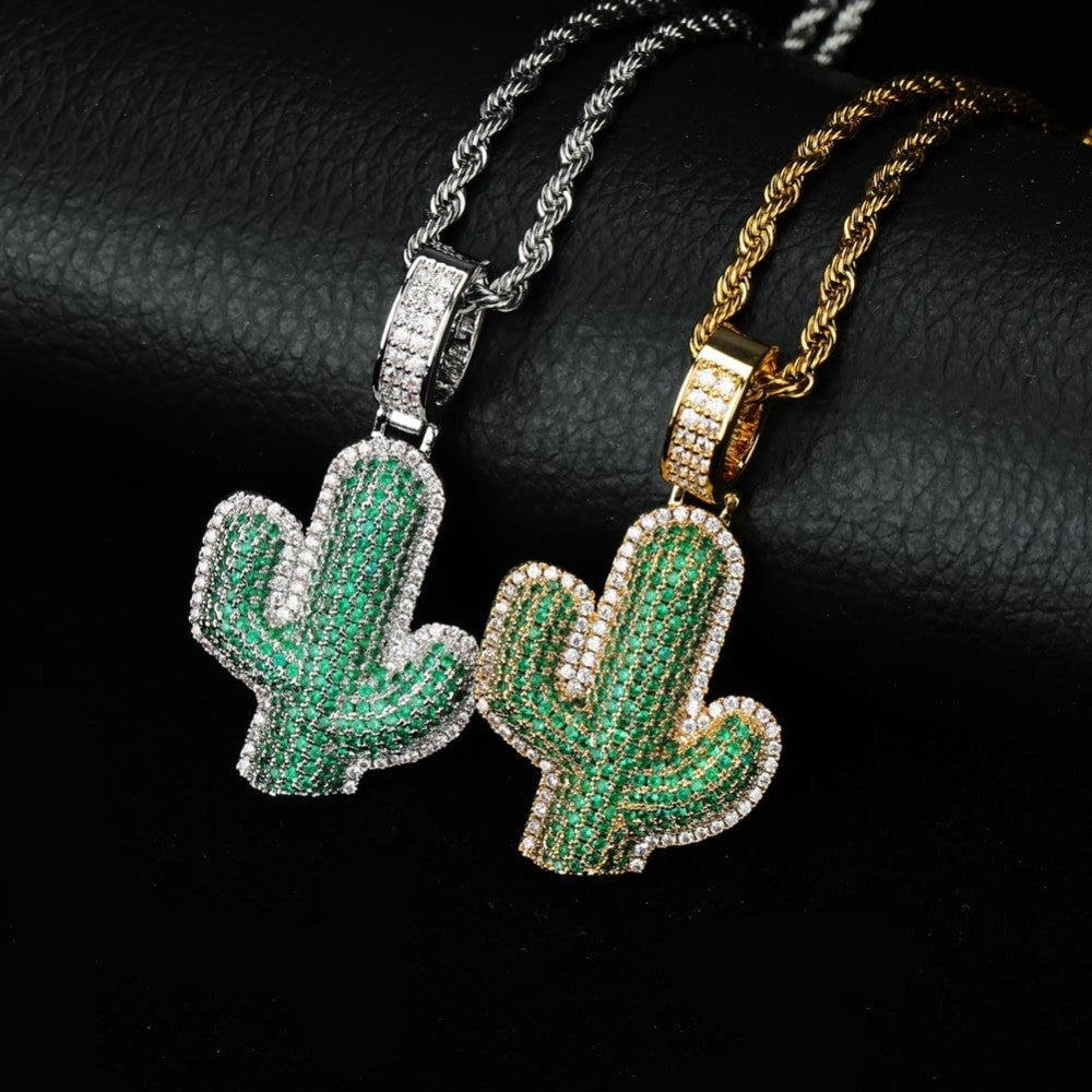 14k Gold 925 Silver Hip Hop Green Cactus Bling Pendant Chain Necklace