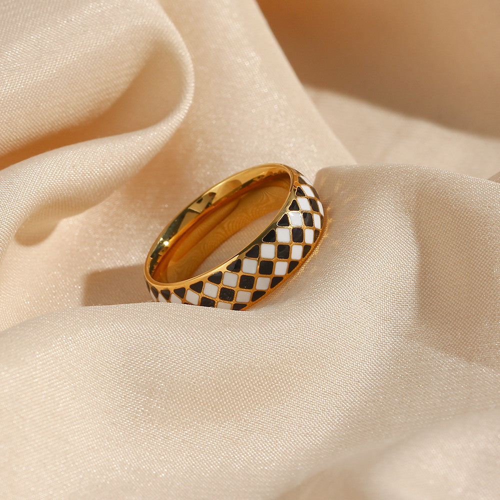 18k Gold Over Stainless Steel Fine Polished Black White Enamel Checker Tarnish Free Ring