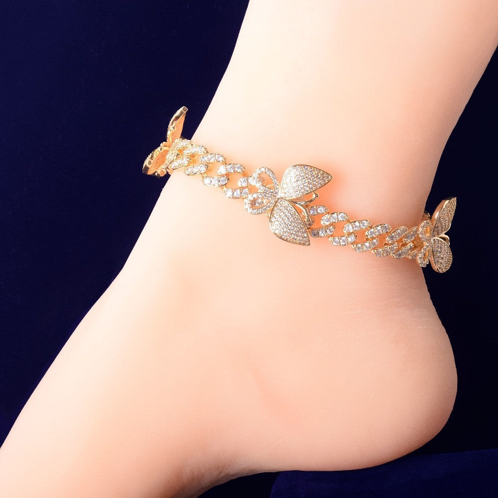 AAA True Micro Pave 18k Gold .925 Silver 10mm Butterfly Miami Cuban Link Ankle Anklets Bracelet