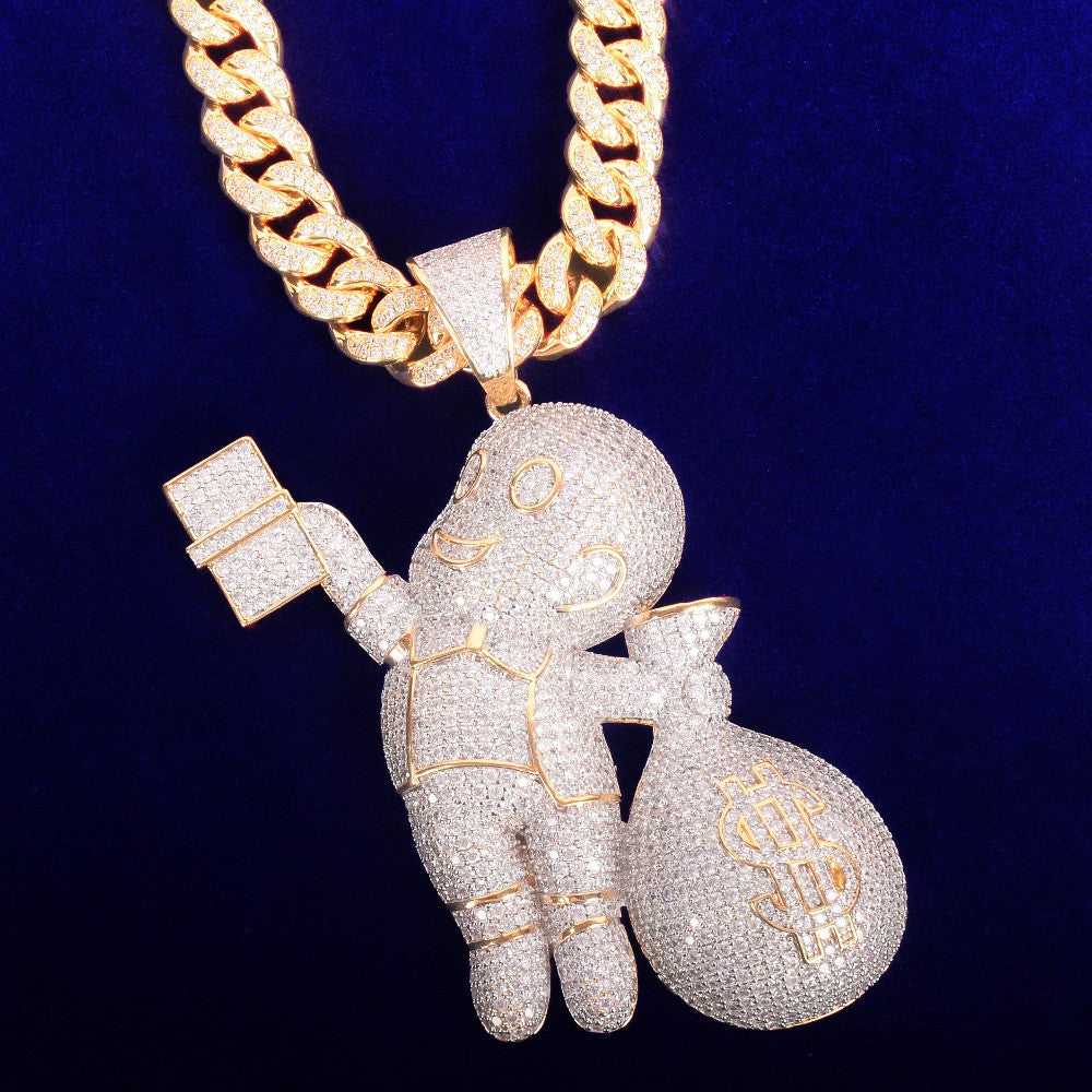 Baby Casper Money Bags AAA Micro Pave 18k Gold Hip Hop Pendant Chain Necklace