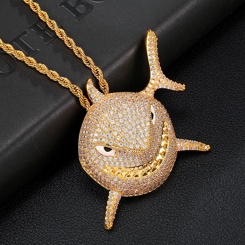 18k Gold .925 Silver 3D AAA Micro Pave Shark Head Pendant Chain Necklace