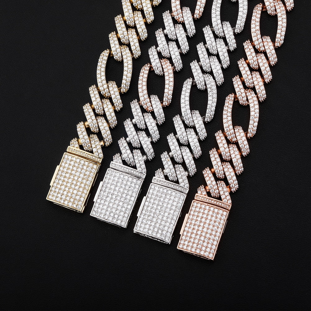 18mm Flooded Ice Three Link Figaro 14k Gold .925 Silver Hip Hop Bracelet