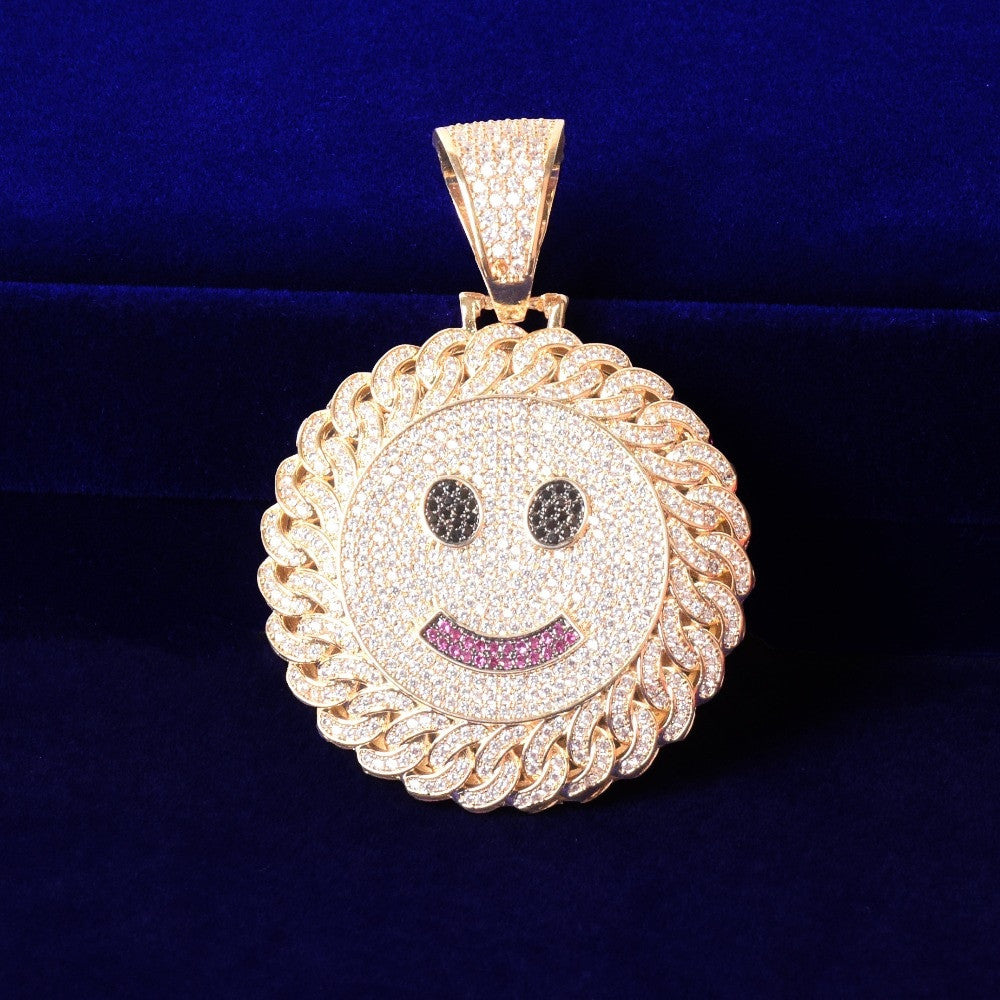 18k Gold 925 Silver Flooded Ice Cuban Link Design Smiley Face Hip Hop Pendant Chain Necklaces