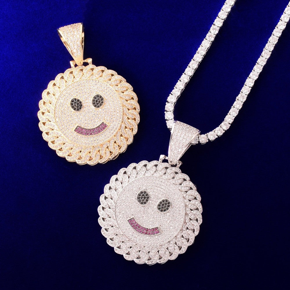 18k Gold 925 Silver Flooded Ice Cuban Link Design Smiley Face Hip Hop Pendant Chain Necklaces
