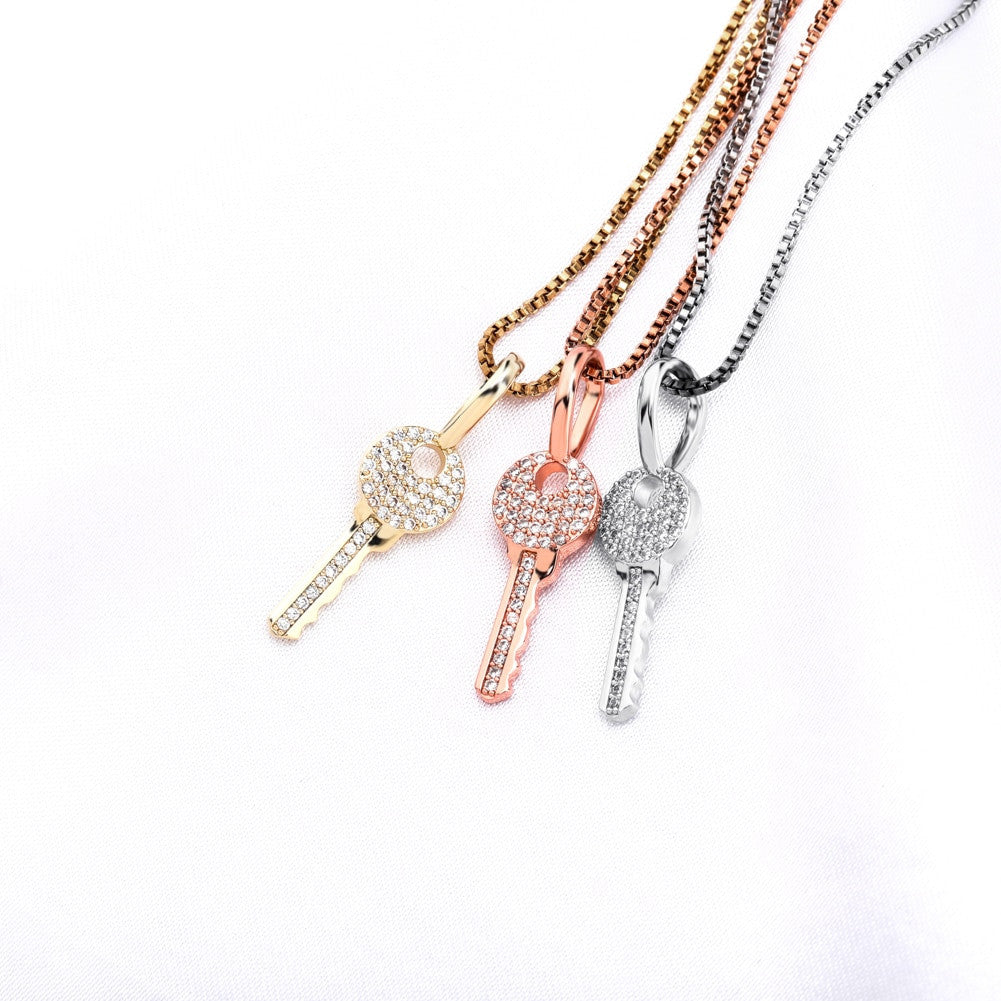 Ladies 925 Sterling Silver Souls Key Pendant Iced Chain Necklace