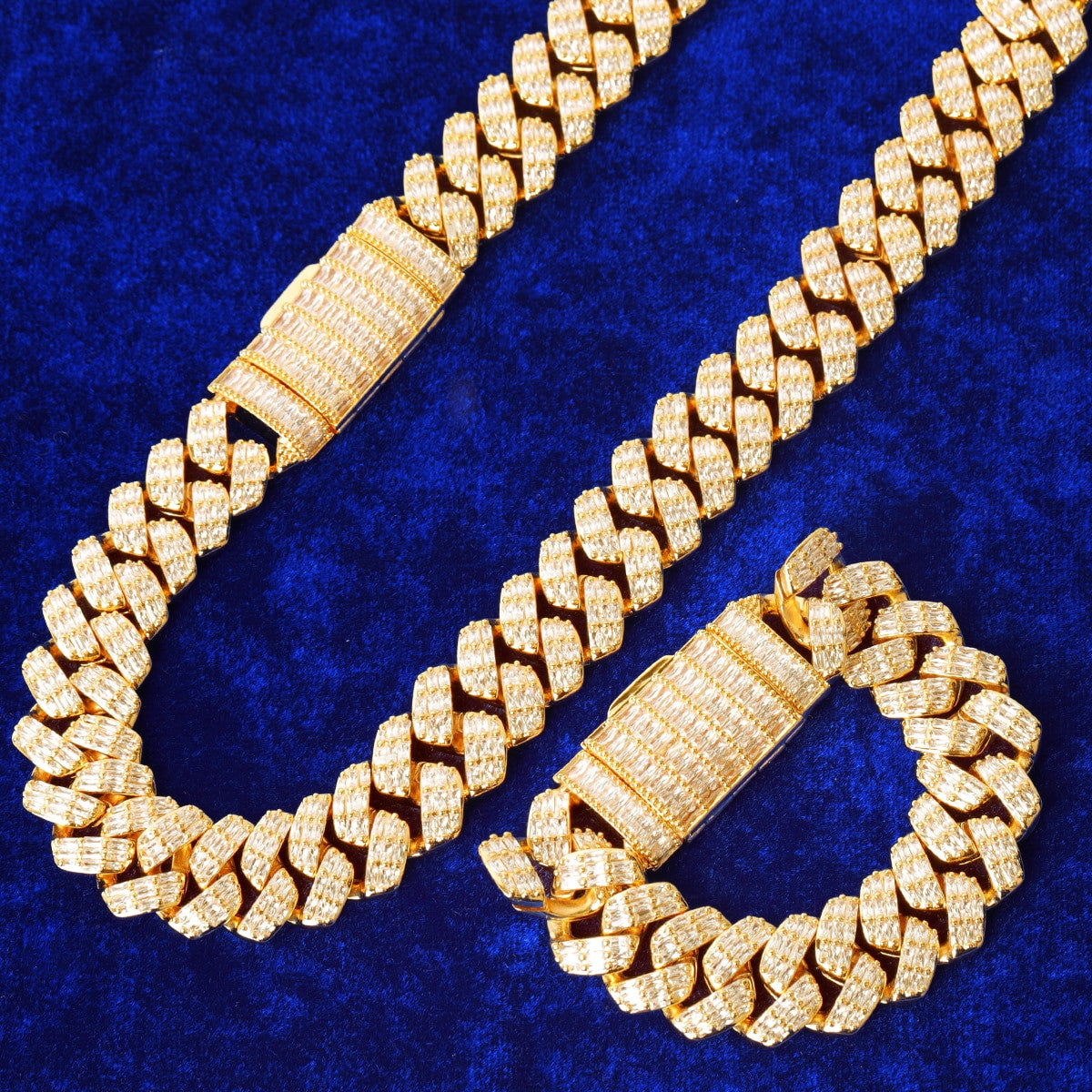 Miami Cuban Link Iced Water 24k 925 Silver Blinged Out 20mm Chain Bracelet Necklace Set