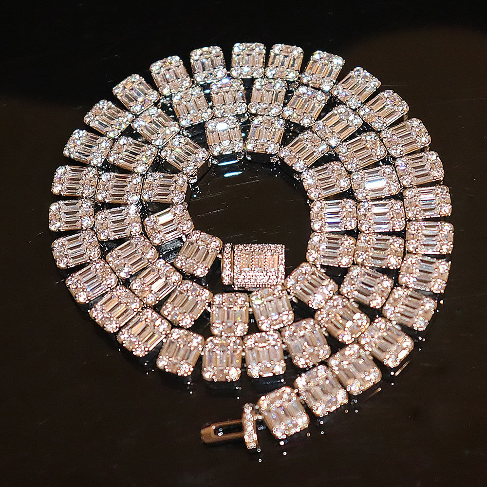 18k Gold .925 Silver Square Baguette Flooded Ice Cluster Chain Necklace